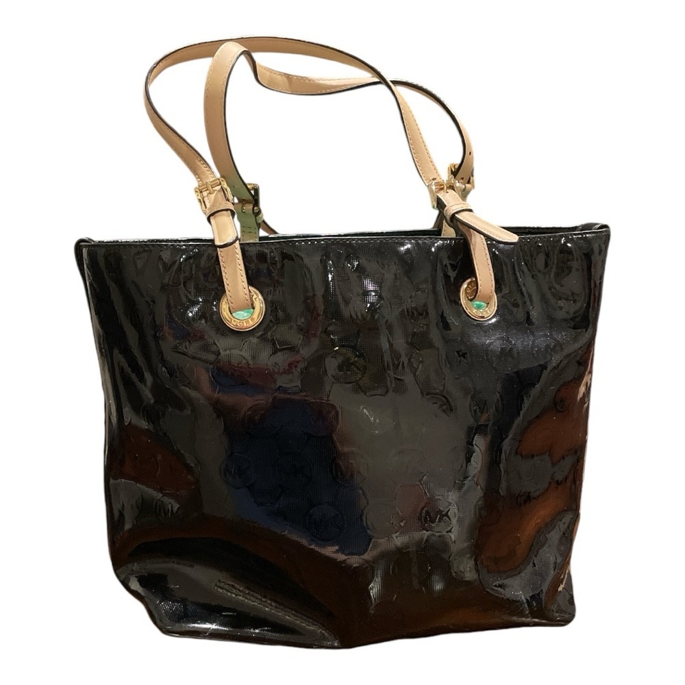 Michael Kors Jet Set Black Plastic Tote Cream Leather handles gold hardware B 18